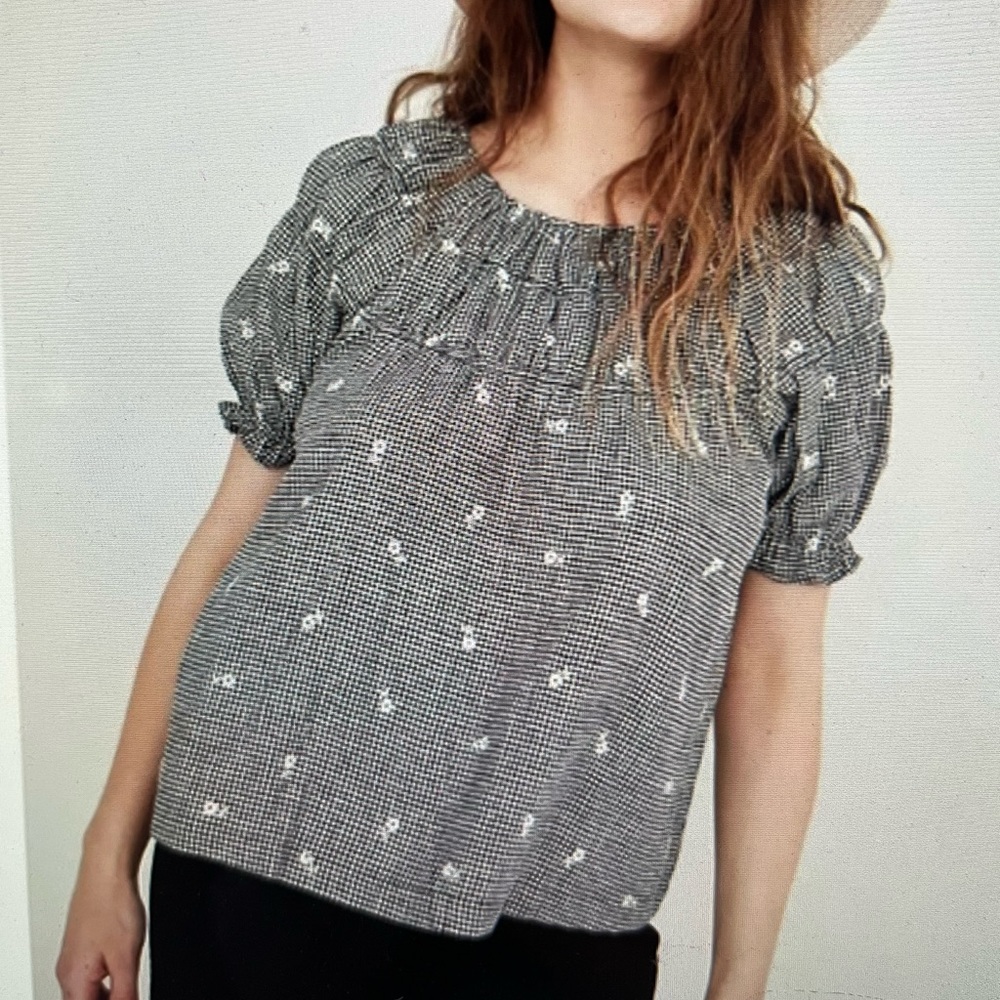 Madewell Embroidered GIngham Shirred Puff Sleeve Top - Picture 2 of 11